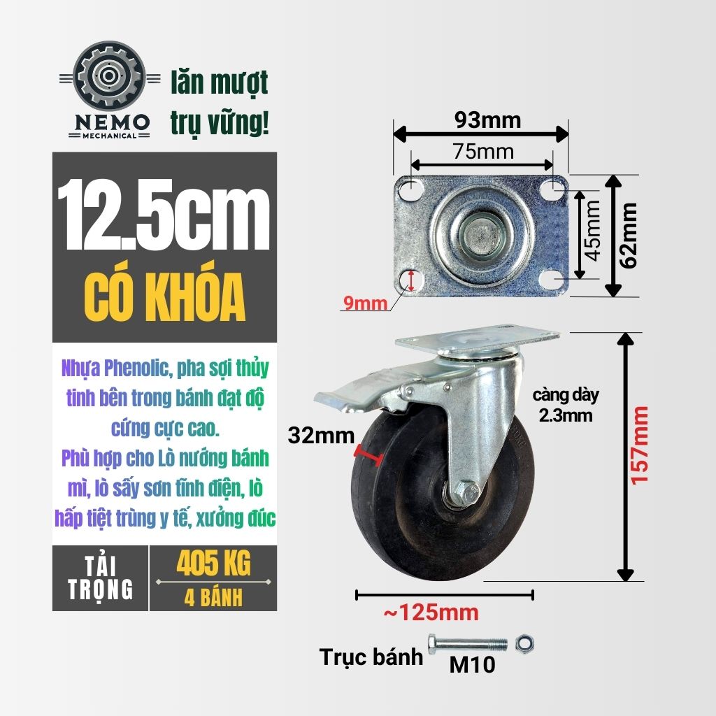 Bánh Xe Phenolic Chịu Nhiệt 280°C – Chuyên Dụng Lò Nướng, Lò Sấy (D75, D100, D125)